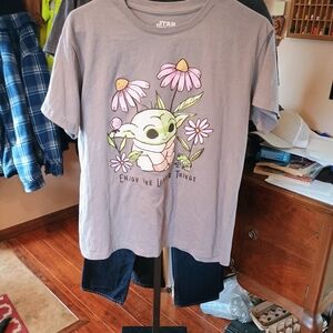 Star Wars Kids Gray Tee with Green Baby Yoda and Pink Flowers